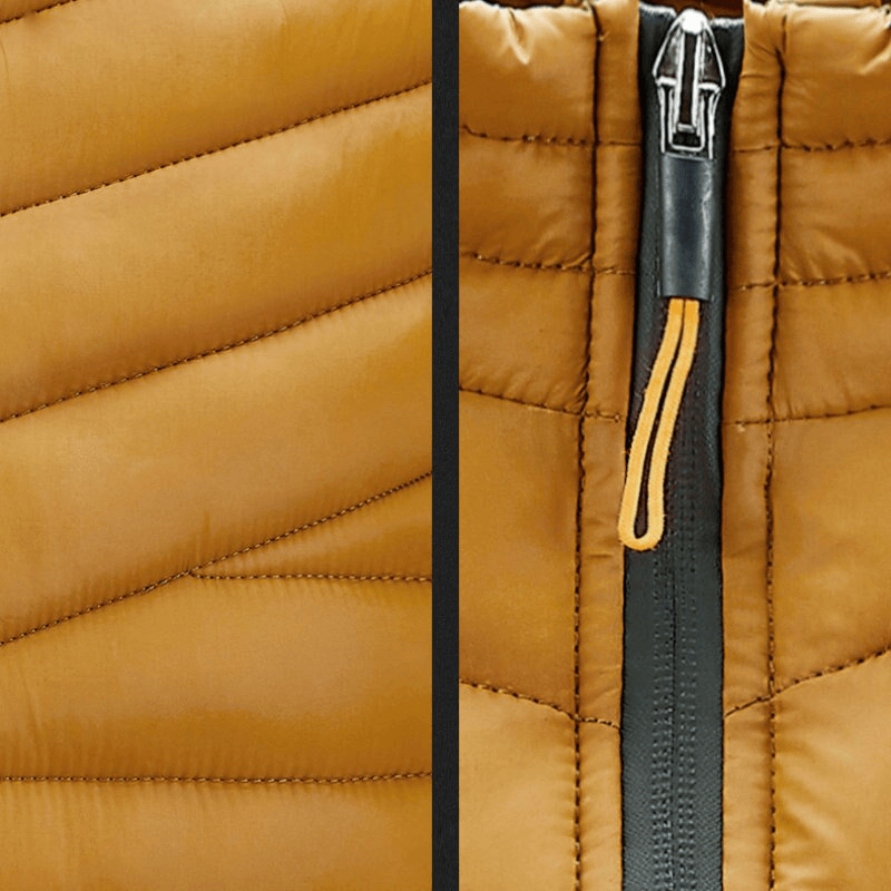 Close-up of stylish men's hiking vest fabric and zipper in tan color, showcasing durable nylon material and functionality. SF1479